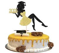 1 Pack Girl 2025 Graduation Cake Topper with Glitter Grad Cap Diploma Cake Decorations 2025 Senior Graduation Cake Pick for 2025 Girl School Theme Party Supplies Gold
