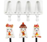 1 Pack Halloween Cute Ghost Shape Popsicle Molds Silicone Ice Pop Molds 4 Cavities Popsicle Molds for Kids Adults Ice Cream Mold Cakesicles Mould DIY Popsicle Maker Homemade Popsicle Silicone Molds B