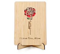 1 Pack Handmade Wooden Mother's Day Card with Stand - Natural Wood Greeting Card for Mum, Birthday Home Decorations (rose)
