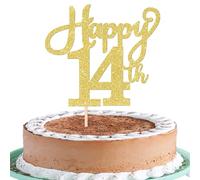 1 Pack Happy 14th Birthday Cake Topper Glitter Cheers to 14 Years Birthday Cake Pick Fourteen hello 14 Fabulous Cake Decoration for Happy 14th Birthday Anniversary Party Cake Decorations Gold