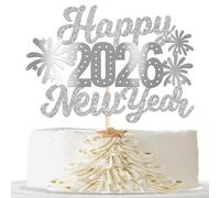 1 Pack Happy 2026 New Year Cake Topper Glitter Hello 2026 Fireworks Cake Pick for Welcome 2026 Happy New Year's Eve Cupcake Decoration Party Supplies Silver