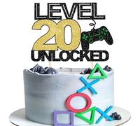1 Pack Happy 20th Video Game Cake Topper Glitter Gaming Level Unlocked 20th Birthday Cake Pick Video Game Happy 20th Cake Decoration for Boys Girls Birthday Anniversary Party Decoration Supplies