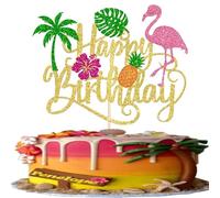1 Pack Happy Birthday Cake Topper Tropical Hawaiian Luau Cake Pick Glitter Flamingo Plam Leave Pineapple Cupcake Decoration for Summer Baby Shower Birthday Party Supplies Gold