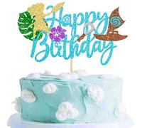 1 Pack Happy Birthday Moana Cake Topper Glitter Palm Leaf Boat Flower Moana Cake Pick for Ocean Adventure Tropical Hawaiian Luau Theme Baby Shower Kids Birthday Party Cake Decorations Supplies