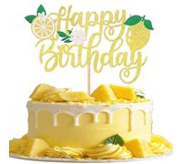 1 Pack Lemon Cake Topper Glitter Happy Birthday Cake Pick for Fruit Theme Baby Shower Kids Boys Girls Birthday Party Summer Fruit Lemon Cake Decorations Supplies