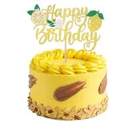 1 Pack Lemon Cake Topper Glitter Happy Birthday Pick for Fruit Theme Party Decorations, Yellow Paper Cake Decor Supplies for Summer Lemonade Baby Shower Kids Boys Girls Bday, L 15.3cm x W 9.8cm