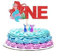 1 Pack Mermaid One Cake Topper Glitter Mermaid First Birthday Cake Pick Ocean Seawood Seashells Tail Cake Decoration for Under the Sea Theme Baby Shower 1st Birthday Party Supplies Red
