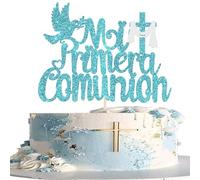 1 Pack Mi Primera Comunión Cake Topper Glitter First Holy Communion Cake Picks God Bless This Child Baby Shower Wedding Baptism Christening Party Cupcake Decorations Blue