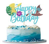 1 Pack Moana Happy Birthday Cake Topper Glitter Palm Leaf Boat Flower Moana Cake Pick for Ocean Adventure Tropical Hawaiian Luau Theme Baby Shower Kids Birthday Party Cake Decorations Supplies