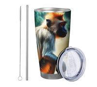 1 Pack Monkey Coffee Cup with Lid, Wild Animals, River, Tree, Leaves, Natural Landscape, Green, Brown, Stainless Steel, Unbreakable, for Office, Outdoor, Club