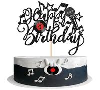 1 Pack Musician Happy Birthday Cake Topper Glitter Music Notes Microphone Cake Pick Vinyl Record Cake Decorations for Hip Hop Dancing Ball Music Theme Baby Shower Birthday Party Supplies