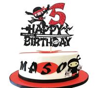 1 Pack Ninja Happy 5th Birthday Cake Topper - Black Glitter Five Years Old Cake Pick - Martial Arts Kung Fu Warriors Decoration for Ninja Theme Fifth Party Supplies