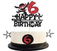 1 Pack Ninja Happy 6th Birthday Cake Topper - Black Glitter Six Years Old Cake Pick - Martial Arts Kung Fu Warriors Decoration for Ninja Theme Sixth Party Supplies