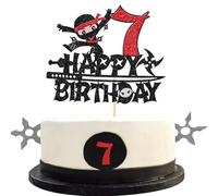 1 Pack Ninja Happy 7th Birthday Cake Topper Black Glitter Seven Years Old Birthday Cake Pick Martial Arts Kung Fu Warriors Cake Decoration for Ninja Theme Seventh Birthday Party Decorations Supplies