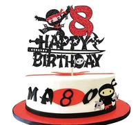1 Pack Ninja Happy 8th Birthday Cake Topper Black Glitter Eight Years Old Birthday Cake Pick Martial Arts Kung Fu Warriors Cake Decoration for Ninja Theme Eighth Birthday Party Decorations Supplies
