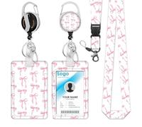 1 Pack Pink Bow ID Badge Holder with Lanyard, Retractable Badge Reel Clip and Vertical Card Holder, Cute Work Badge Lanyard for Nurses Teachers Office Staff Women Men