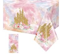 1 Pack Princess Tablecloths Birthday Decorations,Plastic Pink Rose Castle Table Cloth for Parties,Disposable Rectangle Floral Table Cover for Baby Shower Girls Birthday Party Supplies,54x108 Inch