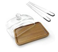 1 Pack Rectangular Wooden Cake Stand with Glass Dome,Butter Dish with Clear Glass Lid,Cake Display Server Tray for Kitchen,Birthday Parties,Weddings,Baking Gifts (4.6 x 7in)