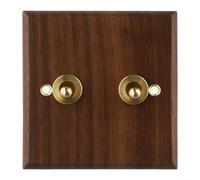 1 Pack Retro Walnut Wood for TOGGLE Light Switch with Brass Lever, Handmade Decorative Wall Plate for Living Room Bedroom Study, 86x86mm Brown(2 Gang)