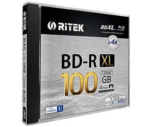 1 Pack Ritek BD-R XL BDXL 100GB Triple Layers 4X White Inkjet Hub Printable Blank Disc w/Standard Jewel Case