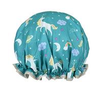 1 Pack Shower Cap for Women, Oil-proof Caps, Double Layers Waterproof Reusable Bath Caps With Ruffled Edge Covering for Girls, Women, Ladies, Kids (LightBlue Unicorn)