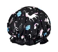 1 Pack Shower Cap for Women, Oil-proof Caps, Double Layers Waterproof Reusable Bath Caps With Ruffled Edge Covering for Girls, Women, Ladies, Kids (Black Unicorn)