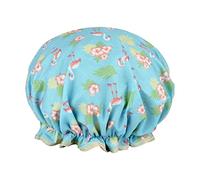 1 Pack Shower Cap for Women, Oil-proof Caps, Double Layers Waterproof Reusable Bath Caps With Ruffled Edge Covering for Girls, Women, Ladies, Kids (LightBlue Flamingo)