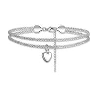 1 Pack Silver Plated Copper Ankle Bracelets For Women, Adjustable Layered Anklet With Heart Pendant, Dainty Beachwear Jewelry For Gifts