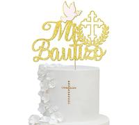 1 Pack Spanish Mi Bautizo Cake Topper Glitter Cross First Holy Communion Baptism Cake Pick Religious God Bless Baptism Cake Decoration for Baby Shower Birthday Party Supplies Gold