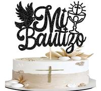 1 Pack Spanish Mi Bautizo Cake Topper Glitter Cross First Holy Communion Baptism Cake Pick Religious God Bless Baptism Cupcake Decoration for Baby Shower Birthday Party Supplies Black