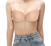 1 Pack Sticky Backless Push Up Bra, Reusable Invisible Self Adhesive Bra for Women, Strapless Bra with Removable Clear Straps Lift Enhance Cleavage, for Wedding Backless Dresses (B, Skin Lace-Up)