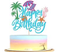 1 Pack Summer Hawaiian Beach Cake Topper Green Palm Tree Summer Pool Happy Birthday Cake Decoration Summer Chair Umbrella Toppers for Hawaiian Beach Theme Wedding Baby Shower Party Supplies