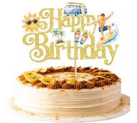 1 Pack Surfing Happy Birthday Cake Topper Sun Surfboard Slippers Cake Pick Summer Pool Party Decoration for Surf's Up Summer Hawaii Holiday Birthday Party Cake Decoration Supplies Gold