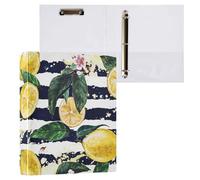 1 Pack, Three Ring Binder Clipboard Round Ring Binder Holds 1.5 in Heavy Duty Ring Binders File Folder for Supplies Print Lemons with Leaves Flowers On Black White Stripes
