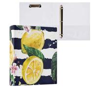 1 Pack, Three Ring Binder Clipboard Round Ring Binder Holds 1.5 in Heavy Duty Ring Binders File Folder for Supplies Print Lemons with Leaves Flowers On Black White Stripes