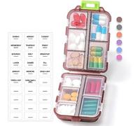 1 Pack Travel Pill Organizer w Lables, Small 10 Grid Compartments Pocket Pharmacy, Handy Pill Holder Box - Portable Medicine Container Case - Mini Cute Daily Weekly 7 Day Medication Organizer (Brown)