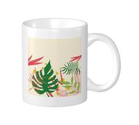 1 Pack Tropical Botanical Print Mug Abstract Graphic Leaves Artistic Cute Green Pink Patterns Ceramic Reusable Decorative Pantry Apartment Living Room Flat Bottom