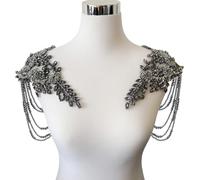 1 Pair Beaded Tassel Rhinestones Applique Embellishment for Clothes Epaulettes Shoulder Patches Sew-on Diamond Sequin Applique for Wedding Dress DIY Accessories (Gray)