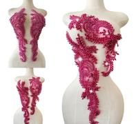 1 Pair Big Size Hand-Made Beaded Rhinestons DIY Clothing Appliques Patch Wedding Dress Decoration Flower Applique by Pair (Rose red)