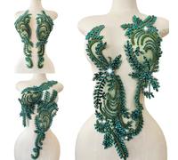 1 Pair Big Size Hand-Made Beaded Rhinestons DIY Clothing Appliques Patch Wedding Dress Decoration Flower Applique by Pair (Deepgreen)