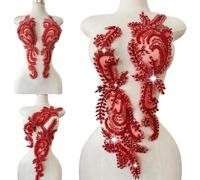 1 Pair Big Size Hand-Made Beaded Rhinestons DIY Clothing Appliques Patch Wedding Dress Decoration Flower Applique by Pair (Red)