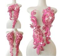 1 Pair Big Size Hand-Made Beaded Rhinestons DIY Clothing Appliques Patch Wedding Dress Decoration Flower Applique by Pair (Pink)