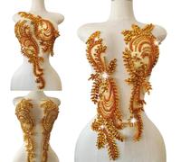 1 Pair Big Size Hand-Made Beaded Rhinestons DIY Clothing Appliques Patch Wedding Dress Decoration Flower Applique by Pair (Gold)