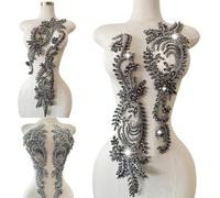 1 Pair Big Size Hand-Made Beaded Rhinestons DIY Clothing Appliques Patch Wedding Dress Decoration Flower Applique by Pair (Gray)