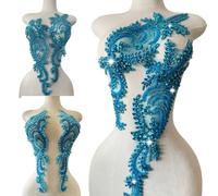 1 Pair Big Size Hand-Made Beaded Rhinestons DIY Clothing Appliques Patch Wedding Dress Decoration Flower Applique by Pair (Sky Blue)