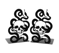 1 Pair Black Skull Design Metal Bookends Iron Book End for Shelves,Modern Skeleton Snake Hollowed Heavy Decorative Bookends Holder Desk Organizer for Library Home School Office Decoration Halloween