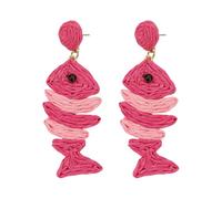 1 Pair Boho Raffia Earrings for Women Handmade Rattan Fish Shape Drop Dangle Summer Tropical Beach Jewelry Lightweight Colorful Rose Red