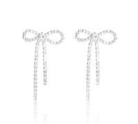 1 Pair Bow Earrings, Silver Stud Earrings for Women,Long Rhinestone Tassel Dangle Earring, Crystal Bow Drop Earrings for Women Girls Birthday Anniversaries Gifts Weddings Party Prom