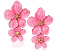 1 Pair Double Flower Earrings, 3D Floral Dangle Earrings, Pendant Earring for Women, Simple and Creative Style Earring, Clothing Accessories, Pink