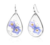 1 Pair Forget Me Not Earrings, Handcrafted Pressed Flower Dangle Earrings with Real Blue Flowers, Silver-Toned Resin Drop Earrings for Women, Everyday Wear & Sentimental Gift